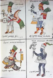 Bogowie starożytnych Meksykanów, Huitzilopochtli, Tezcatlipoca, Tlaloc i Paynal, tekst w języku hiszpańskim, z faksymile rękopisu General History of Things of New Spain, znanego również jako Kodeks florencki, autorstwa Bernardino de Sahagun