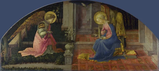 Zwiastowanie. Obraz Fra Filippa Lippiego (1406-1469), około 1448-1450. Tempera na desce. Wymiary: 68,6 x 152,7 cm. Londyn, National Gallery.