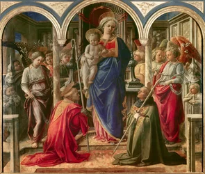 Madonna z Dzieciątkiem otoczona aniołami, święty Frediano (Fridianus de Lucca lub Frigidanus, Frigidian, Frigianu) i święty Augustyn, znana jako Pala Barbadori, ołtarz Filippo Lippiego (1406-1469), 1437-1438. Zamówiony przez rodzinę Barbadori dla Bar