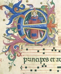 Mszał 558 f.156v Historyczny inicjał „E” przedstawiający św