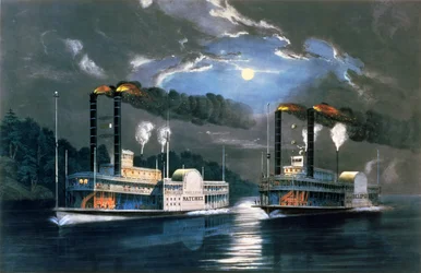 Wyścig o północy na Missisipi, według rysunku H.D. Manning, wyd. autorstwa Currier i Ives, Nowy Jork, 1860
