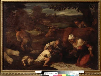 "Le soir"" (Wieczór) Rodzina pasterzy, kobiet i dzieci jedzących obiad na trawie. Obraz świty Jacopo Bassano (da Ponte) (1510-1592) XVI-wieczne Muzeum Sztuk Pięknych im. Iwana Kramskoja (lub Kramskoi) w Woroneżu (Woroneż), Rosja.
