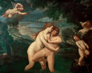 Salmacis w kąpieli, odrzucona przez Hermafrodytę. Nimfa Salmacis, zakochana w synu Hermesa i Afrodyty, widzi odrzucone swoje zaloty - Obraz Francesca Albaniego, zwanego l