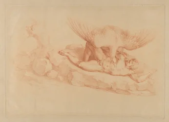 Prometeusz, nagi, przykuty do skały, patrzący na stojącego nad nim orła, 1795.