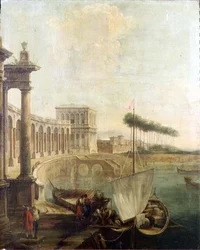Capriccio, port z figurami ładującymi prom