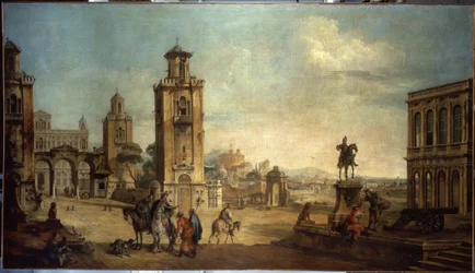 „Scena uliczna w mieście, duży plac z pomnikami” (Widok miasta) Obraz Francesco Battaglioli (wew. venit.) (1722-1790) XVIII-wieczne Muzeum Ermitażu, Sankt Petersburg