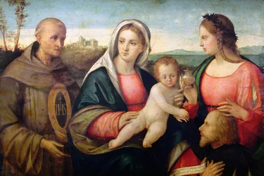 Sacra Conversazione: Święty Bernardyn i święta kobieta przedstawiająca darczyńcę, ok. 1525 (olej na płycie)