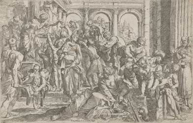 Św. Roch po lewej rozdając jałmużnę grupie ludzi zgromadzonych wokół niego po... 1590-1600.