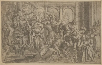 Św. Roch po lewej rozdając jałmużnę grupie ludzi zgromadzonych wokół niego, po A..., ca. 1607.