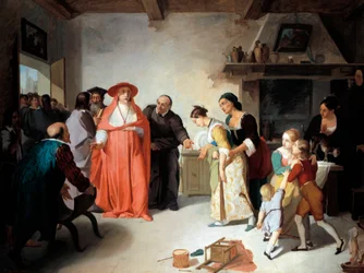 Kardynał Borromeo z wizytą u Łucji w domu krawca, scena z Zaręczyny Alessandro Manzoniego (1785-1873), Francesco Coghetti (1804-1875), olej na płótnie, 35,3 x 47,4 cm