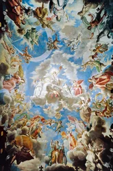 Apoteoza, fresk domu Pamphilj autorstwa Francesco Cozzy (1605-1682), Palazzo Doria Pamphilj, Rzym, Włochy