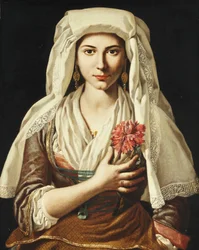 Portret młodej kobiety, długości 3/4, trzymającej goździka