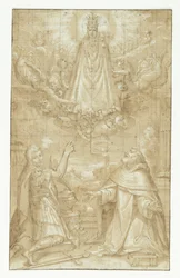 Ukoronowana Madonna z Dzieciątkiem, ubrana w płaszcz i ciężkie łańcuchy, ukazuje się w obłokach, otoczona aniołami i cherubinami, dwóm klęczącym świętym; jeden żołnierz umęczony, drugi duchowny (Hyacintus?). Anioł podaje pasek lub zwój