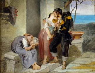 Odejście żołnierza Żołnierz z rodziny zostawia żonę i dziecko we łzach i idzie na wojnę. Obraz Francesco Gandolfi (1824-1873) wym. 27x38 cm Genes Nervi, Civica Galleria d