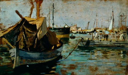 Przy pracy w porcie Livorno (Leghorn) Francesco Gioli (1846-1922), olej na desce, 22x38 cm