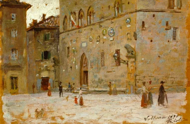 Na placu w Volterze, Francesco Gioli (1846-1922), olej na panelu