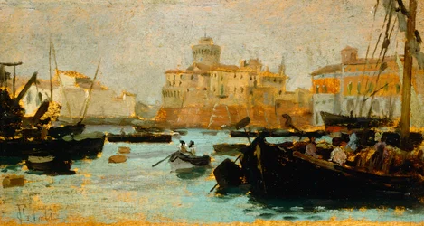 Port w Livorno, Francesco Gioli (1846-1922), olej na desce, 9x17 cm