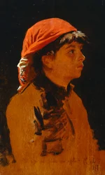 Czerwony szal Francesco Gioli (1846-1922), olej na desce, 28x17 cm