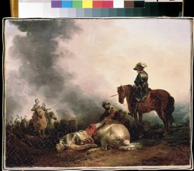 ""Po bitwie"" (Po bitwie) Alegoria wojny, wojownik zabija. Obraz Francesco Giuseppe Casanova (1727-1802) Muzeum Sztuki Michaiła Kroszyckiego, Sewastopol (Sewastopol) Ukraina