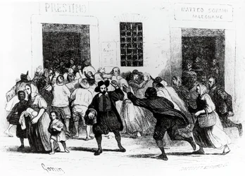 Grabież Piekarni kul, odcinek z Narzeczonego, Alessandro Manzoni (1785-1873), ilustracja Francesco Gonin (1808-1889) wydanie 1840