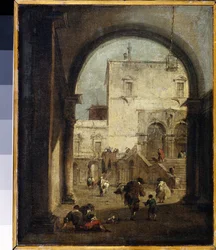 Capriccio weneckie: widok placu i pałacu Obraz Francesco Guardi (1712-1793) 1775-1780 Nd. 27x23 cm Ermitaż, Sankt Petersburg