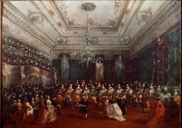 Koncert galowy w Casino dei Filodrammatici w Wenecji Koncert kobiet. Obraz Francesco Guardi (1712-1793) wym.67x90 cm Monachium, Alte Pinakothek