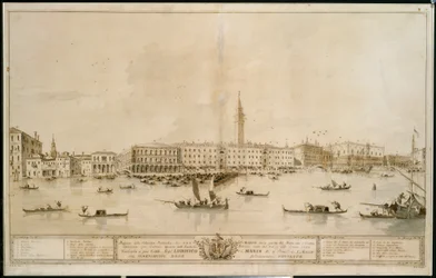 Panorama Wenecji od strony Bacino di San Marco, wraz z projektem planowanego Teatro Manin