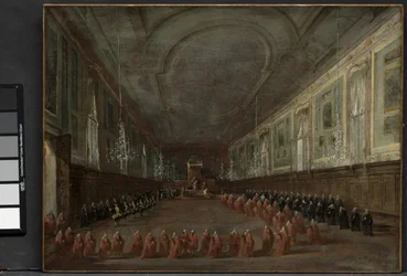 Papież Pius VI zstępujący z tronu, aby pożegnać się z dożami w Sali SS. Giovanni e Paolo, 1782 i Ceremonia Papieska w SS. Giovanni e Paolo, Wenecja, 1782, c. 1783