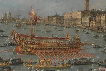 Festiwal Bucintoro w Wenecji. Bacino di S. Marco z Bucintoro, Barką Państwową Dożów, w dniu Wniebowstąpienia (detal), 1780-93