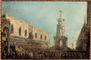 Doża Wenecji uczestniczy w czwartkowych obchodach Gras na Piazzetta di San Marco Doża Alvise IV Mocenigo (1701-1778) uczestniczy w akrobatycznych przedstawieniach z balkonu Pałacu Dożów. Obraz Francesco Guardi (1712-1793) 1766-1770 Nd. 0,67x1m²