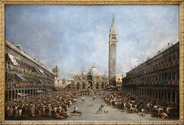 Doża Wenecji niesiony przez gondolierów po jego wyborze na Plac Św. Marka (San Marco) (widok na Bazylikę Św. Marka i dzwonnicę), Obraz olejny Francesco Guardi (1712-1792). Fotografia, KIM Youngtae, Grenoble, Musee de Grenoble.
