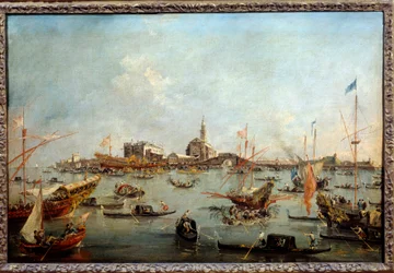 Doża na Bucentaura (Bucentoro) w San Nicolo w Wenecji w Dzień Wniebowstąpienia Jest to prawdopodobnie doża Alvise IV Mocenigo (1763-1778). Obraz Francesco Guardi (1712-1793) 1775-1780 Nd. 0,67x1m