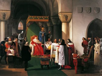 Filippo Maria Visconti, książę Mediolanu, zwraca koronę królom Aragonii i Nawarry, wziętym do niewoli przez Genueńczyków, autorstwa Francesca Hayeza (1791-1882)