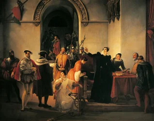 Maria Królowa Szkotów protestuje przed szeryfami, gdy odczytywany jest jej wyrok śmierci, autor: Francesco Hayez (1791-1882)