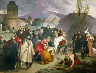Peter Hermit dosiadający białego muła z krzyżem w ręku i krążący po miastach i wsiach, głosząc krucjatę