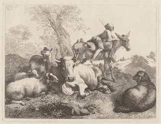 Chłopiec na osiołku czuwający nad grupą zwierząt, 1763.