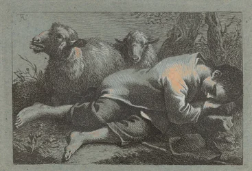 Chłop śpi obok dwóch owiec, 17581759.