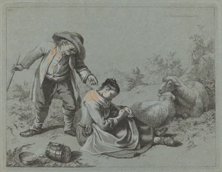 Chłop drażni śpiącą dziewczynę gałązką, 1763.