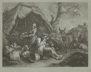 Siedzący staruszek i kobieta z koszem jajek, 17591782.