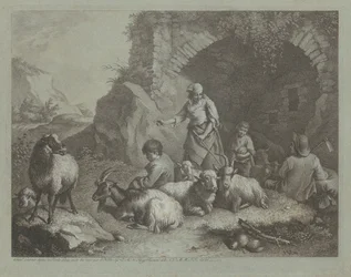 Kobieta, pasterze i owce w pobliżu łuku, 17591782.