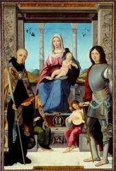 Dziewica z Dzieciątkiem w otoczeniu św. Benedykta z Nursji i św. Quentina z dwoma aniołami Obraz Francesco Marmitty (znany między 1496 a 1504) XV-wieczne słońce. 2,2x1,38 m²