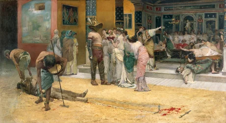 Walka gladiatorów podczas kolacji w Pompejach