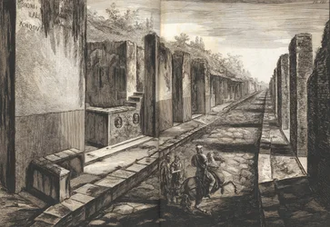 Widok z ulicy wchodzącej pod bramą do miasta Pompeje, z chodnikiem dla pieszych, 1804.