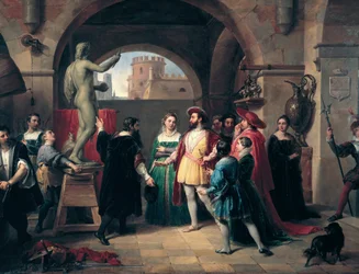 Król Francji Franciszek I (1494-1547) odwiedza pracownię Benvenuta Celliniego (1500-1571) w Rzymie. Malarz przedstawia królowi rzeźbę świętego Jana Ewangelisty. Obraz anonimowy. Rzym, Galleria Nazionale d