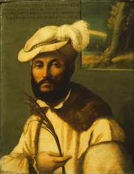 Portret brodatego dżentelmena, do połowy długości, w białej kurtce obszytej futrem i kapeluszu z pióropuszem, trzymającego liść palmy, krajobraz widziany przez skrzydło za nimi