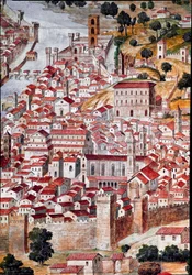 Pianta della Catena: fragment mapy miasta Florencji nazwanej „Catena” ze względu na ramę mapy w kształcie łańcucha. Wykonana przez Francesca di Lorenza Rossellego (1448-1513) w 1490 roku. Florencja, Museo Firenze com