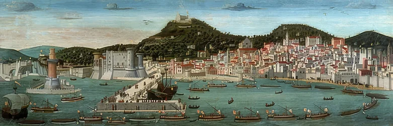 Tavola Strozzi. Widok Neapolu, flota aragońska wpływa do portu 12 lipca 1465
