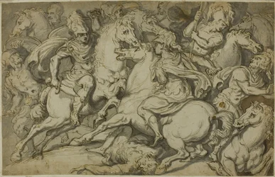 Potyczka kawalerii (recto); klęczący ekoruch (verso)