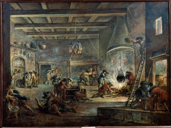 Grabież farmy. Obraz Francesco Simoniniego (1686-1753) zrealizowany według Jacquesa Callota