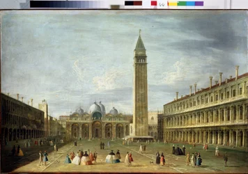 Plac Świętego Marka (San Marco) (lub Piazzetta) w Wenecji z Bazyliką Świętego Marka i Campanile. (Plac Świętego Marka w Wenecji). Obraz Francesco Tironiego (1745-1797). Olej na płótnie, 72 x 109 cm. XVIII-wieczna sztuka wenecka. Państwowe Muzeum Ark